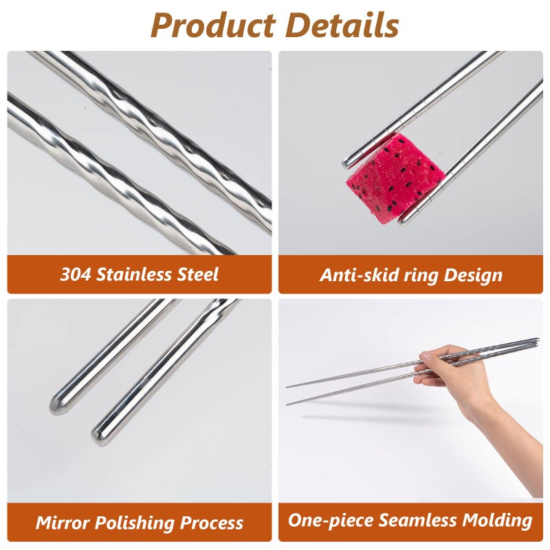 EORTA 3 Pairs Cooking Chopsticks 15.2 Inch Extra Long Stainless Steel Chop Sticks with Non-slip Threaded for Hot Pot, Cooking, Frying, Noodle, Dishwasher Safe, Silvery - Image 3